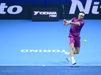 Casper Ruud plays during the Nitto ATP Finals 2024 Group B match between Casper Ruud and Alexander Zverev at Inalpi Arena in Turin, Italy, o...