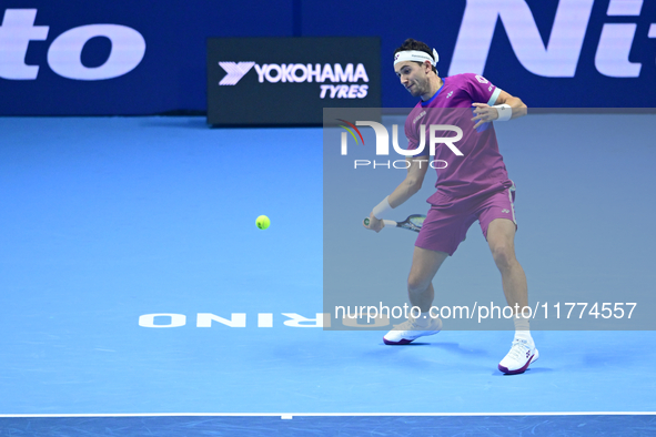 Casper Ruud plays during the Nitto ATP Finals 2024 Group B match between Casper Ruud and Alexander Zverev at Inalpi Arena in Turin, Italy, o...