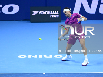 Casper Ruud plays during the Nitto ATP Finals 2024 Group B match between Casper Ruud and Alexander Zverev at Inalpi Arena in Turin, Italy, o...