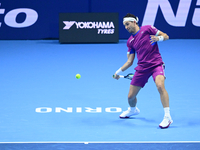 Casper Ruud plays during the Nitto ATP Finals 2024 Group B match between Casper Ruud and Alexander Zverev at Inalpi Arena in Turin, Italy, o...