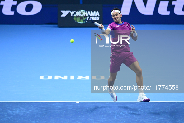 Casper Ruud plays during the Nitto ATP Finals 2024 Group B match between Casper Ruud and Alexander Zverev at Inalpi Arena in Turin, Italy, o...