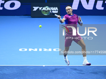 Casper Ruud plays during the Nitto ATP Finals 2024 Group B match between Casper Ruud and Alexander Zverev at Inalpi Arena in Turin, Italy, o...