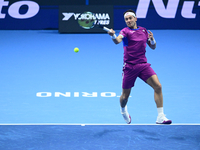 Casper Ruud plays during the Nitto ATP Finals 2024 Group B match between Casper Ruud and Alexander Zverev at Inalpi Arena in Turin, Italy, o...