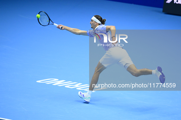 Alexander Zverev competes during the Nitto ATP Finals 2024 Group B match between Casper Ruud and Alexander Zverev at Inalpi Arena in Turin,...