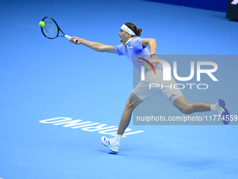 Alexander Zverev competes during the Nitto ATP Finals 2024 Group B match between Casper Ruud and Alexander Zverev at Inalpi Arena in Turin,...