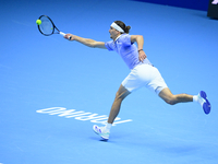 Alexander Zverev competes during the Nitto ATP Finals 2024 Group B match between Casper Ruud and Alexander Zverev at Inalpi Arena in Turin,...