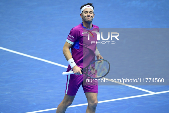 Casper Ruud plays during the Nitto ATP Finals 2024 Group B match between Casper Ruud and Alexander Zverev at Inalpi Arena in Turin, Italy, o...