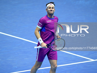 Casper Ruud plays during the Nitto ATP Finals 2024 Group B match between Casper Ruud and Alexander Zverev at Inalpi Arena in Turin, Italy, o...