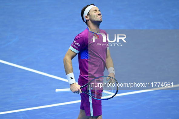 Casper Ruud plays during the Nitto ATP Finals 2024 Group B match between Casper Ruud and Alexander Zverev at Inalpi Arena in Turin, Italy, o...