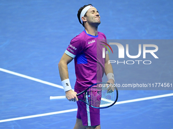 Casper Ruud plays during the Nitto ATP Finals 2024 Group B match between Casper Ruud and Alexander Zverev at Inalpi Arena in Turin, Italy, o...