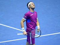 Casper Ruud plays during the Nitto ATP Finals 2024 Group B match between Casper Ruud and Alexander Zverev at Inalpi Arena in Turin, Italy, o...