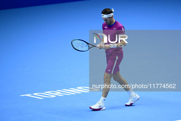 Casper Ruud plays during the Nitto ATP Finals 2024 Group B match between Casper Ruud and Alexander Zverev at Inalpi Arena in Turin, Italy, o...