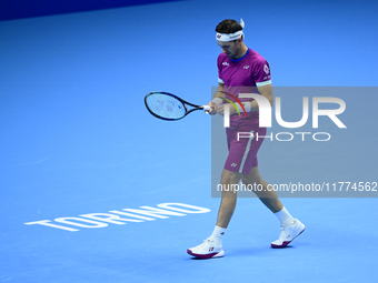 Casper Ruud plays during the Nitto ATP Finals 2024 Group B match between Casper Ruud and Alexander Zverev at Inalpi Arena in Turin, Italy, o...