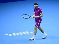 Casper Ruud plays during the Nitto ATP Finals 2024 Group B match between Casper Ruud and Alexander Zverev at Inalpi Arena in Turin, Italy, o...