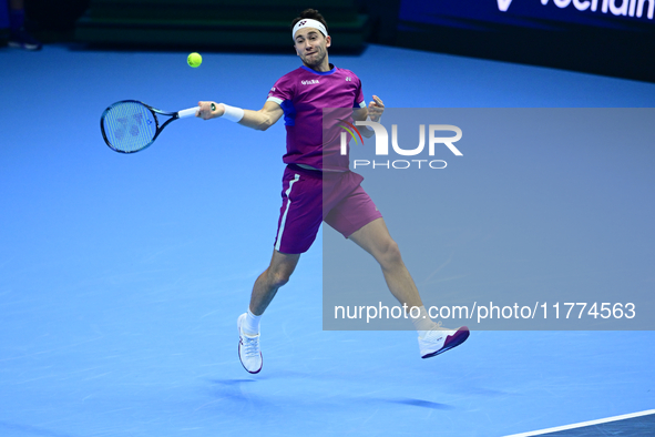 Casper Ruud plays during the Nitto ATP Finals 2024 Group B match between Casper Ruud and Alexander Zverev at Inalpi Arena in Turin, Italy, o...