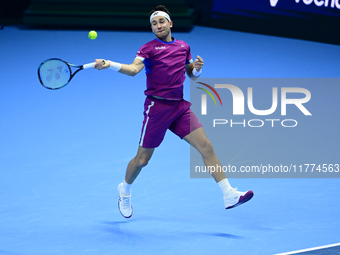 Casper Ruud plays during the Nitto ATP Finals 2024 Group B match between Casper Ruud and Alexander Zverev at Inalpi Arena in Turin, Italy, o...