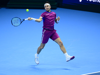 Casper Ruud plays during the Nitto ATP Finals 2024 Group B match between Casper Ruud and Alexander Zverev at Inalpi Arena in Turin, Italy, o...