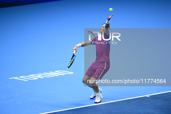 Casper Ruud plays during the Nitto ATP Finals 2024 Group B match between Casper Ruud and Alexander Zverev at Inalpi Arena in Turin, Italy, o...