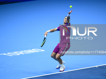 Casper Ruud plays during the Nitto ATP Finals 2024 Group B match between Casper Ruud and Alexander Zverev at Inalpi Arena in Turin, Italy, o...