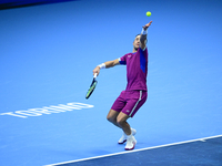 Casper Ruud plays during the Nitto ATP Finals 2024 Group B match between Casper Ruud and Alexander Zverev at Inalpi Arena in Turin, Italy, o...