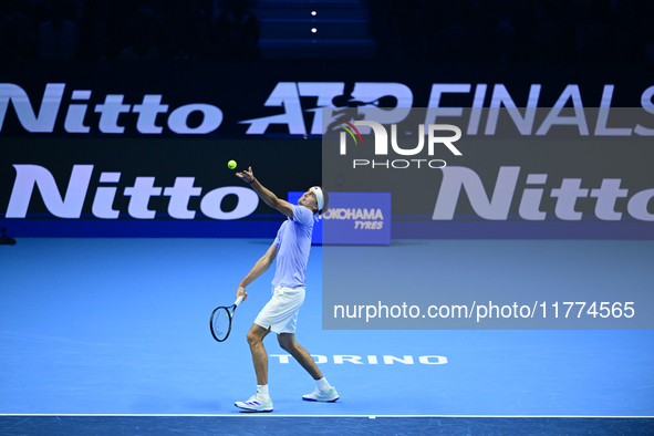 Alexander Zverev competes during the Nitto ATP Finals 2024 Group B match between Casper Ruud and Alexander Zverev at Inalpi Arena in Turin,...