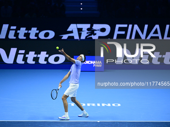 Alexander Zverev competes during the Nitto ATP Finals 2024 Group B match between Casper Ruud and Alexander Zverev at Inalpi Arena in Turin,...