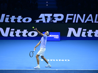 Alexander Zverev competes during the Nitto ATP Finals 2024 Group B match between Casper Ruud and Alexander Zverev at Inalpi Arena in Turin,...