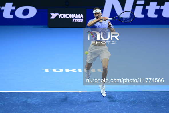 Alexander Zverev competes during the Nitto ATP Finals 2024 Group B match between Casper Ruud and Alexander Zverev at Inalpi Arena in Turin,...