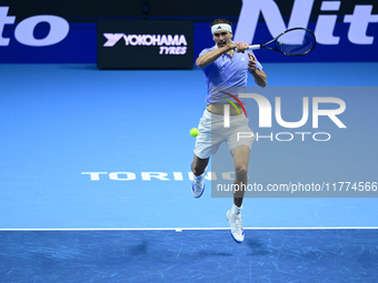 Alexander Zverev competes during the Nitto ATP Finals 2024 Group B match between Casper Ruud and Alexander Zverev at Inalpi Arena in Turin,...