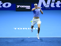 Alexander Zverev competes during the Nitto ATP Finals 2024 Group B match between Casper Ruud and Alexander Zverev at Inalpi Arena in Turin,...