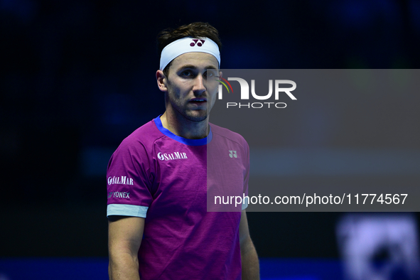 Casper Ruud plays during the Nitto ATP Finals 2024 Group B match between Casper Ruud and Alexander Zverev at Inalpi Arena in Turin, Italy, o...