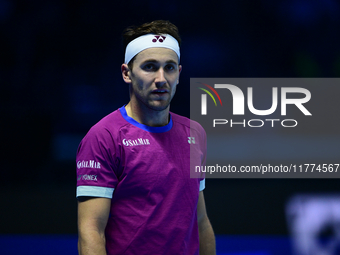 Casper Ruud plays during the Nitto ATP Finals 2024 Group B match between Casper Ruud and Alexander Zverev at Inalpi Arena in Turin, Italy, o...