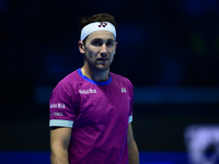 Casper Ruud plays during the Nitto ATP Finals 2024 Group B match between Casper Ruud and Alexander Zverev at Inalpi Arena in Turin, Italy, o...