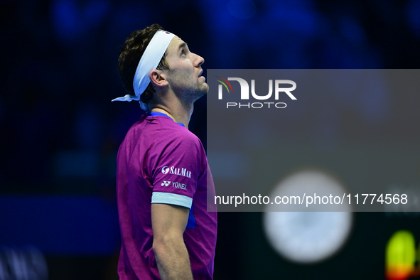 Casper Ruud plays during the Nitto ATP Finals 2024 Group B match between Casper Ruud and Alexander Zverev at Inalpi Arena in Turin, Italy, o...