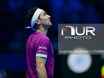 Casper Ruud plays during the Nitto ATP Finals 2024 Group B match between Casper Ruud and Alexander Zverev at Inalpi Arena in Turin, Italy, o...