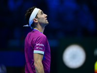 Casper Ruud plays during the Nitto ATP Finals 2024 Group B match between Casper Ruud and Alexander Zverev at Inalpi Arena in Turin, Italy, o...