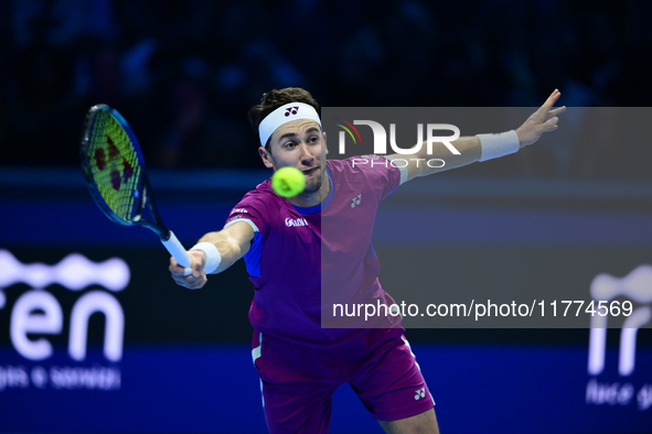 Casper Ruud plays during the Nitto ATP Finals 2024 Group B match between Casper Ruud and Alexander Zverev at Inalpi Arena in Turin, Italy, o...