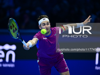 Casper Ruud plays during the Nitto ATP Finals 2024 Group B match between Casper Ruud and Alexander Zverev at Inalpi Arena in Turin, Italy, o...