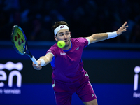 Casper Ruud plays during the Nitto ATP Finals 2024 Group B match between Casper Ruud and Alexander Zverev at Inalpi Arena in Turin, Italy, o...