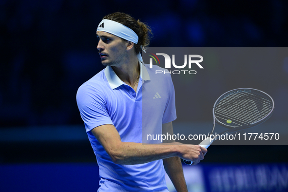 Alexander Zverev competes during the Nitto ATP Finals 2024 Group B match between Casper Ruud and Alexander Zverev at Inalpi Arena in Turin,...