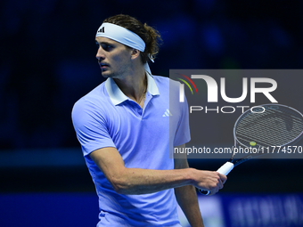 Alexander Zverev competes during the Nitto ATP Finals 2024 Group B match between Casper Ruud and Alexander Zverev at Inalpi Arena in Turin,...