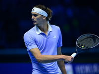 Alexander Zverev competes during the Nitto ATP Finals 2024 Group B match between Casper Ruud and Alexander Zverev at Inalpi Arena in Turin,...