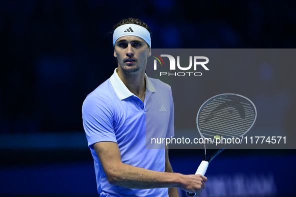 Alexander Zverev competes during the Nitto ATP Finals 2024 Group B match between Casper Ruud and Alexander Zverev at Inalpi Arena in Turin,...