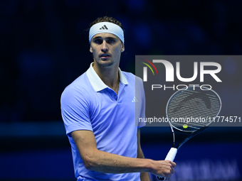 Alexander Zverev competes during the Nitto ATP Finals 2024 Group B match between Casper Ruud and Alexander Zverev at Inalpi Arena in Turin,...