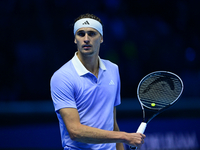 Alexander Zverev competes during the Nitto ATP Finals 2024 Group B match between Casper Ruud and Alexander Zverev at Inalpi Arena in Turin,...