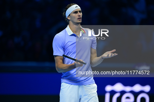 Alexander Zverev competes during the Nitto ATP Finals 2024 Group B match between Casper Ruud and Alexander Zverev at Inalpi Arena in Turin,...