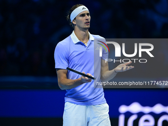 Alexander Zverev competes during the Nitto ATP Finals 2024 Group B match between Casper Ruud and Alexander Zverev at Inalpi Arena in Turin,...