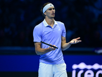 Alexander Zverev competes during the Nitto ATP Finals 2024 Group B match between Casper Ruud and Alexander Zverev at Inalpi Arena in Turin,...