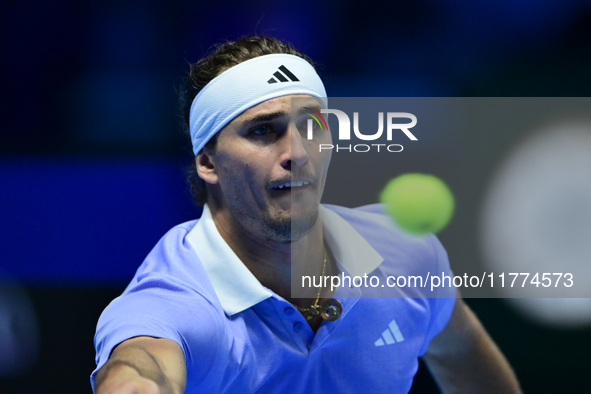 Alexander Zverev competes during the Nitto ATP Finals 2024 Group B match between Casper Ruud and Alexander Zverev at Inalpi Arena in Turin,...