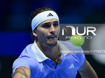 Alexander Zverev competes during the Nitto ATP Finals 2024 Group B match between Casper Ruud and Alexander Zverev at Inalpi Arena in Turin,...